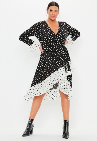 Plus Size Black Polka Dot Ruffle Wrap Dress