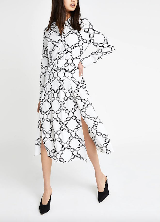 White Print Midi Shirt Dress