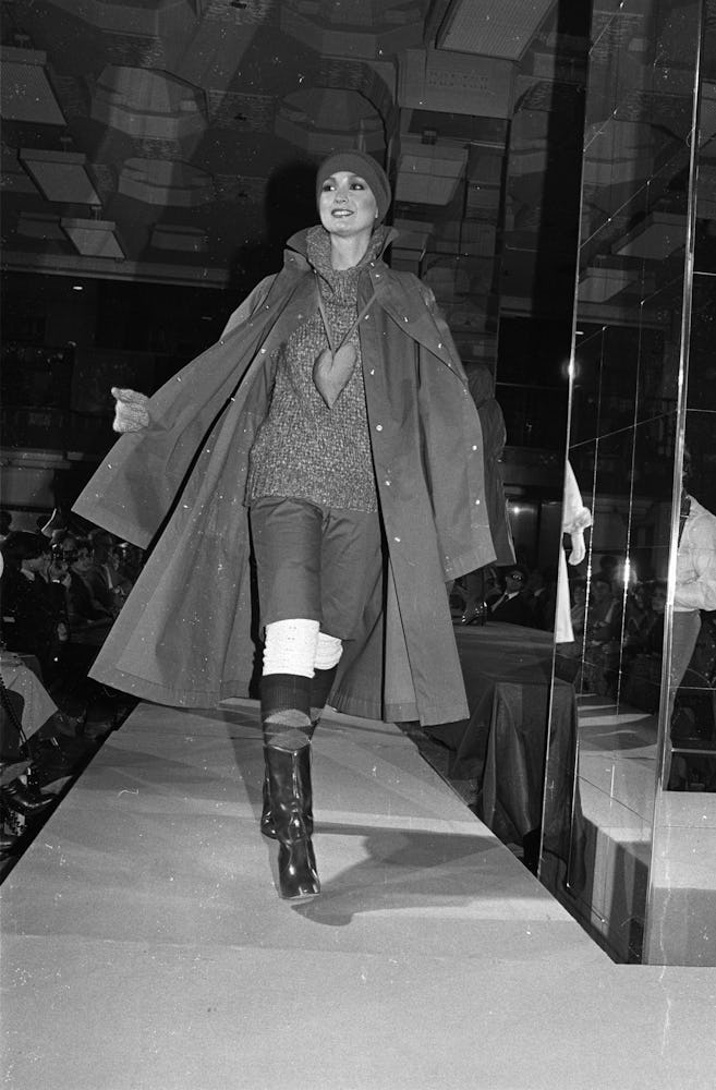 A model walking the runway in bermuda shorts by Bonnie Cashin in the Fall of 1978