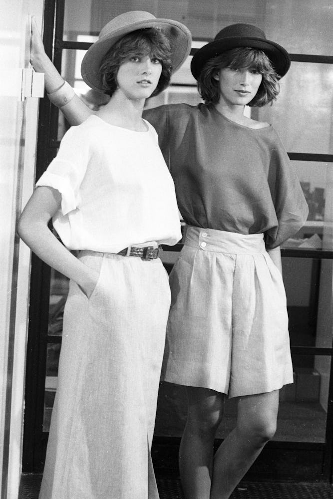 Two models in the Calvin Klein Resort 1983, one is in a long skirt and the other in bermuda shirts