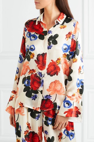 Vera Faux Pearl-Embellished Floral-Print Silk-Satin Shirt