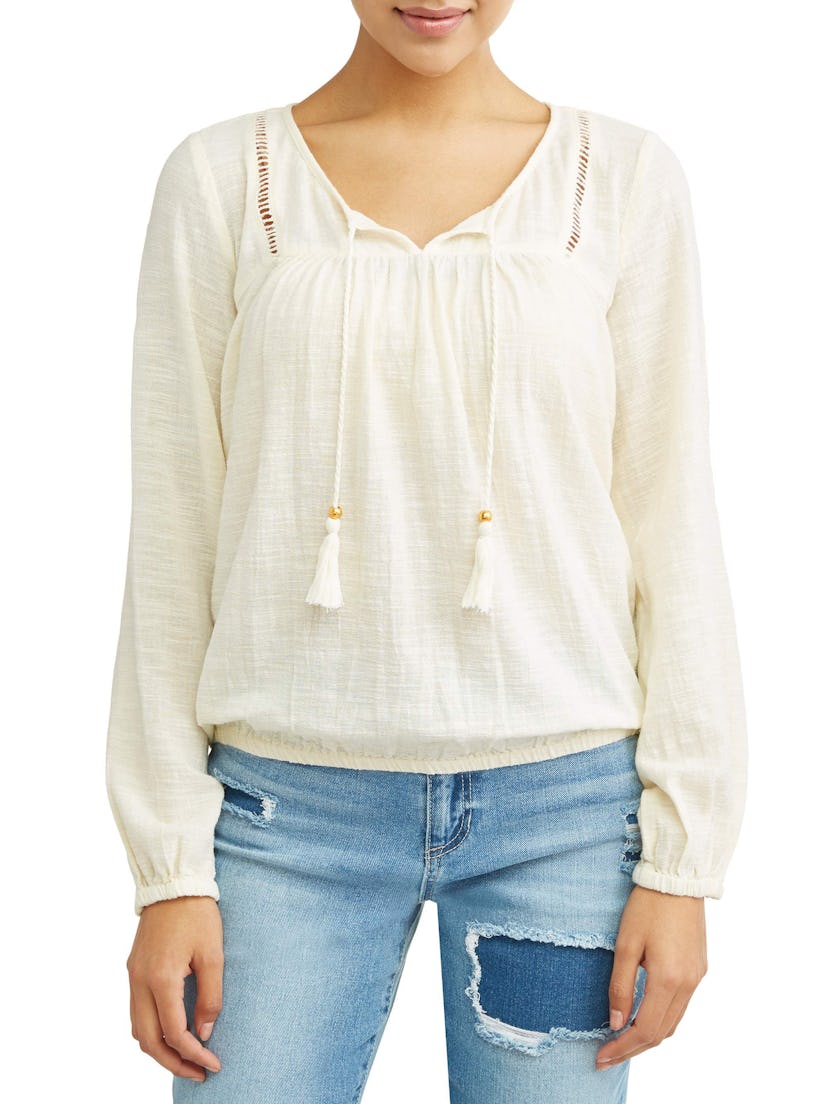 Sofia Jeans by Sofia Vergara  Boho Peasant Tassel Longsleeve Top