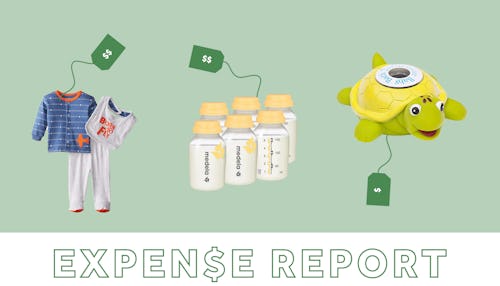 Collage of baby pajamas, milk bottles, a turtle toy, and "expense report" text