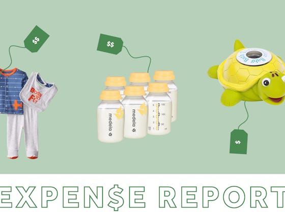 Collage of baby pajamas, milk bottles, a turtle toy, and "expense report" text