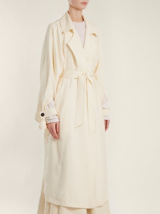 Notch-Lapel Belted Satin Trench Coat
