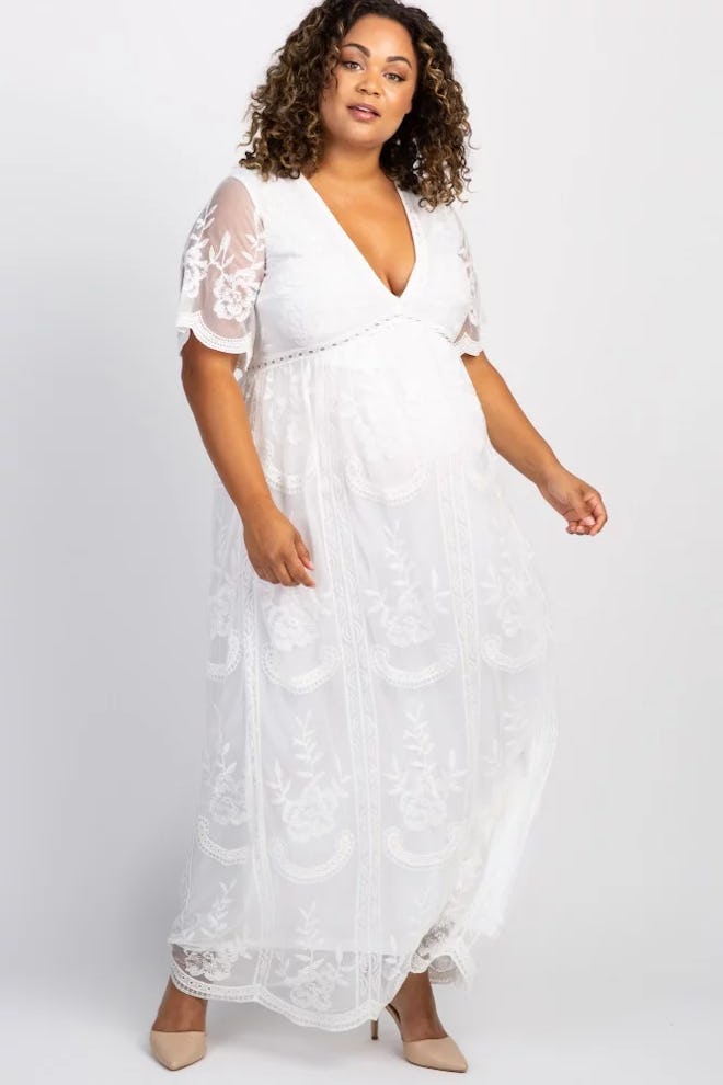 White Lace Mesh Overlay Plus Maternity Maxi Dress