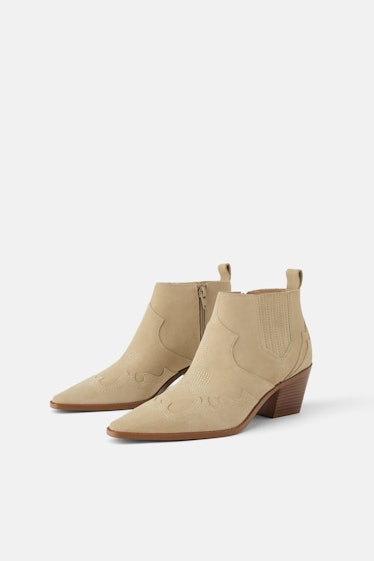 HEELED SPLIT LEATHER COWBOY ANKLE BOOTS