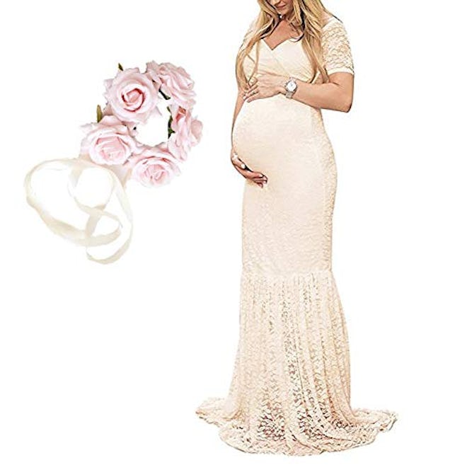 Women's Off Shoulder Short Sleeve Lace Maternity Gown