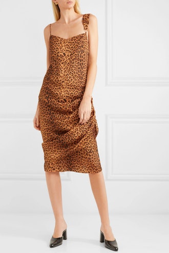 Purse Pull Ruched Leopard-Print Satin-Twill Dress