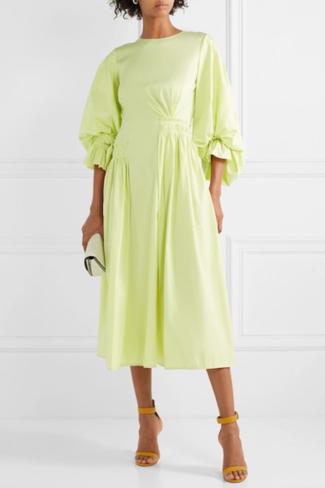Grosgrain-Trimmed Shirred Cotton-Poplin Midi Dress