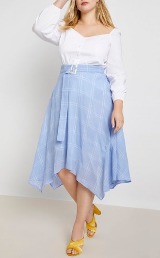 Belted Windowpane Handkerchief Hem Skirt