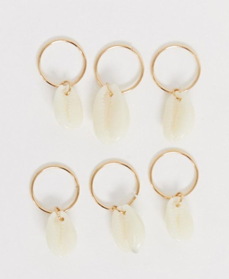 ASOS DESIGN Pack of 6 Hair Rings with Shell Charms in Gold Tone