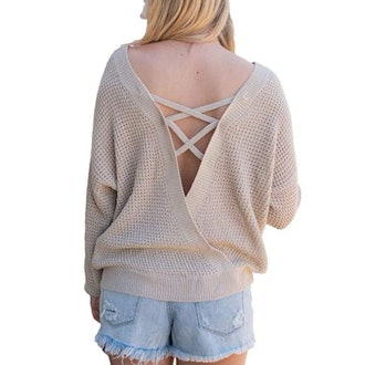 Women's Long Sleeve Criss Cross Backless Casual Loose Knit Pullover Sweaters