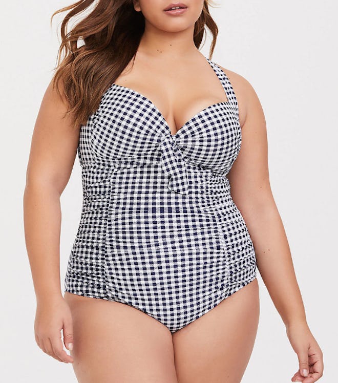 Blue Gingham Ruched One-Piece Swimsuit