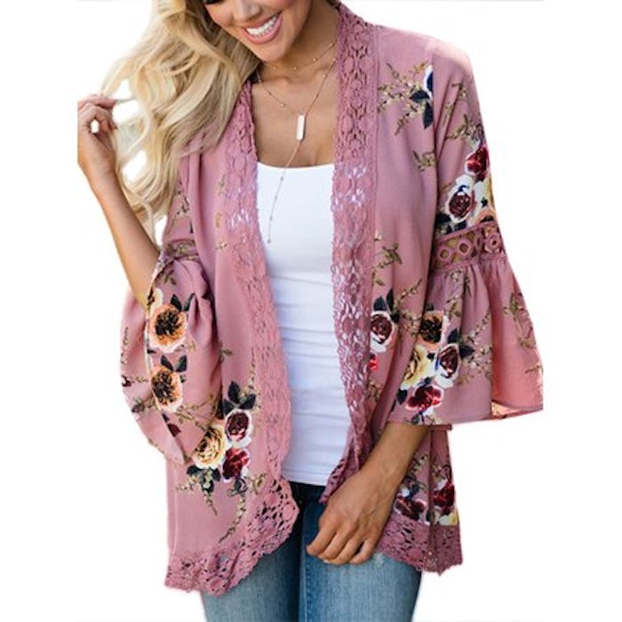 Women's 3/4 Bell Sleeve Boho Floral Kimono Cardigan