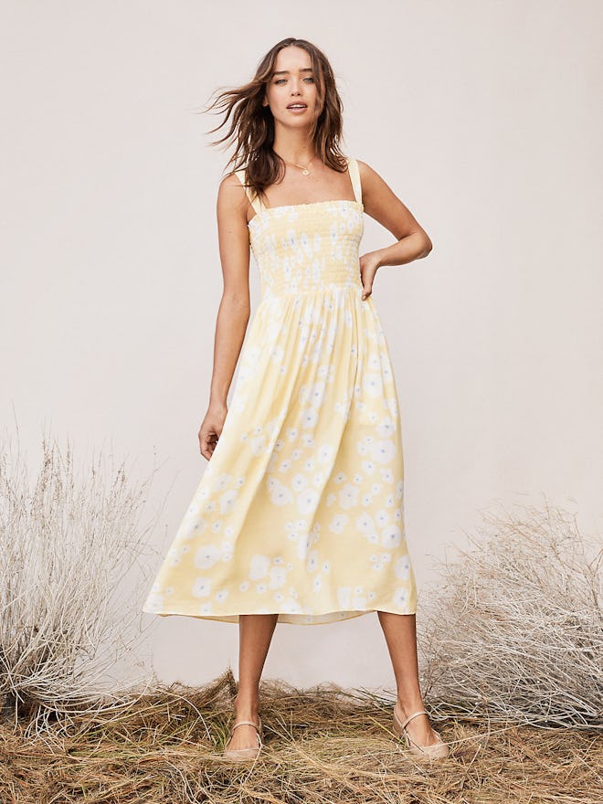 TVF Buttercup Chiffon Smocked Midi Dress, Lily Pads Shine