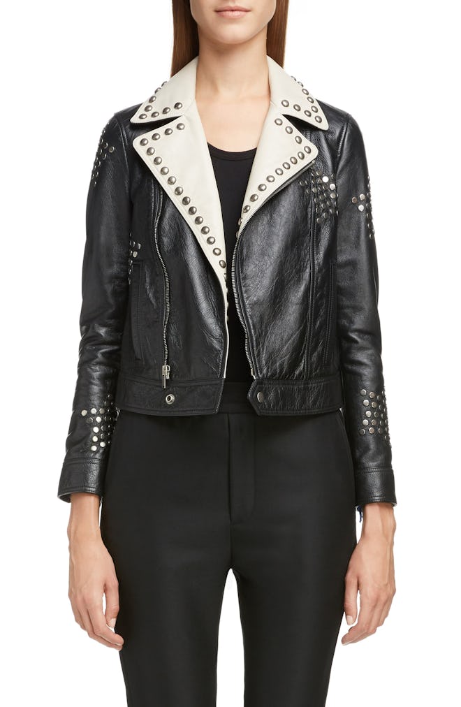 Contrast Lapel Studded Leather Jacket
