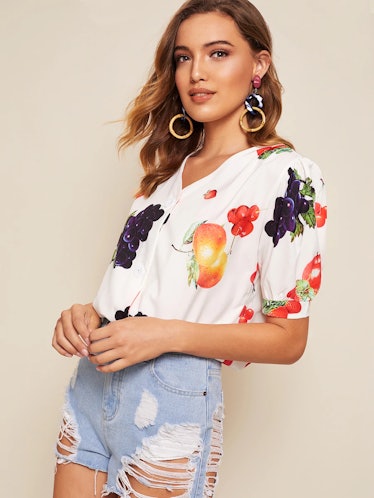Fruit Print Button Front Puff Sleeve Blouse