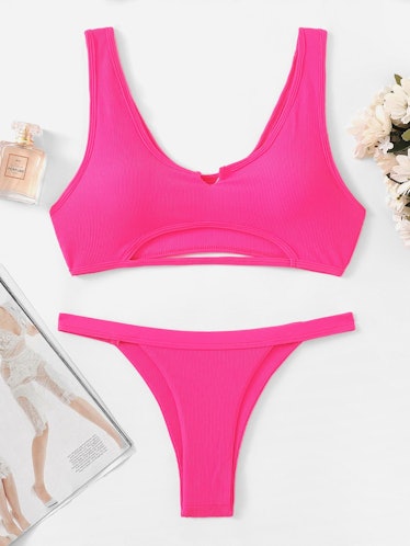 Neon Pink Cut-Out Top With Tanga Bikini