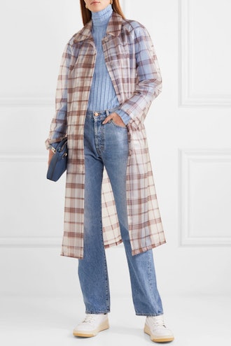 Belted Checked Rubberized PU Trench Coat