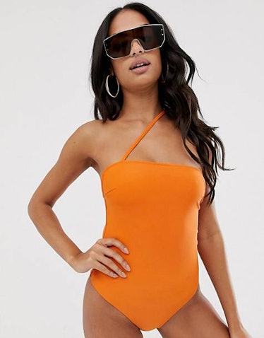ASOS DESIGN recycled cross neck bandeau sleek swimsuit in neon orange