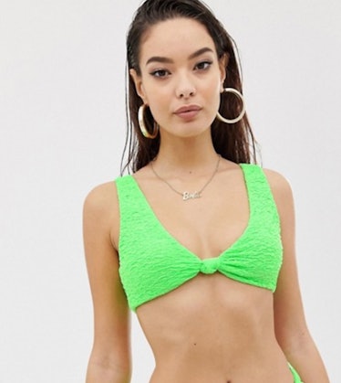 ASOS DESIGN texture knot minimal crop bikini top in neon green