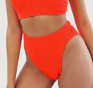 ASOS DESIGN mix and match crinkle high leg high waist bikini bottom in neon orange