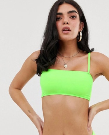 ASOS DESIGN square bandeau crop bikini top in neon green
