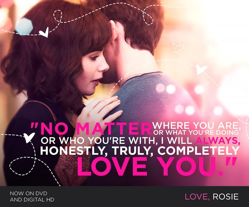 Cover art of Love, Rosie, a romantic comedy showing Lily Collins and Sam Claflin hugging