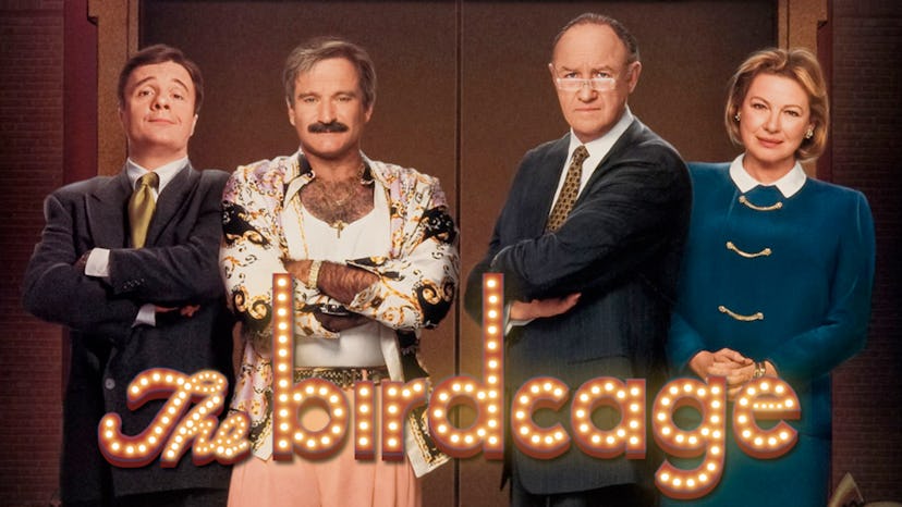 Poster of the 1996 romantic comedy The Birdcage showing Nathan Lane, Robin Williams, Gene Hackman an...