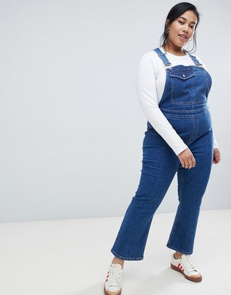 ASOS DESIGN Curve denim overall with kickflare in midwash blue