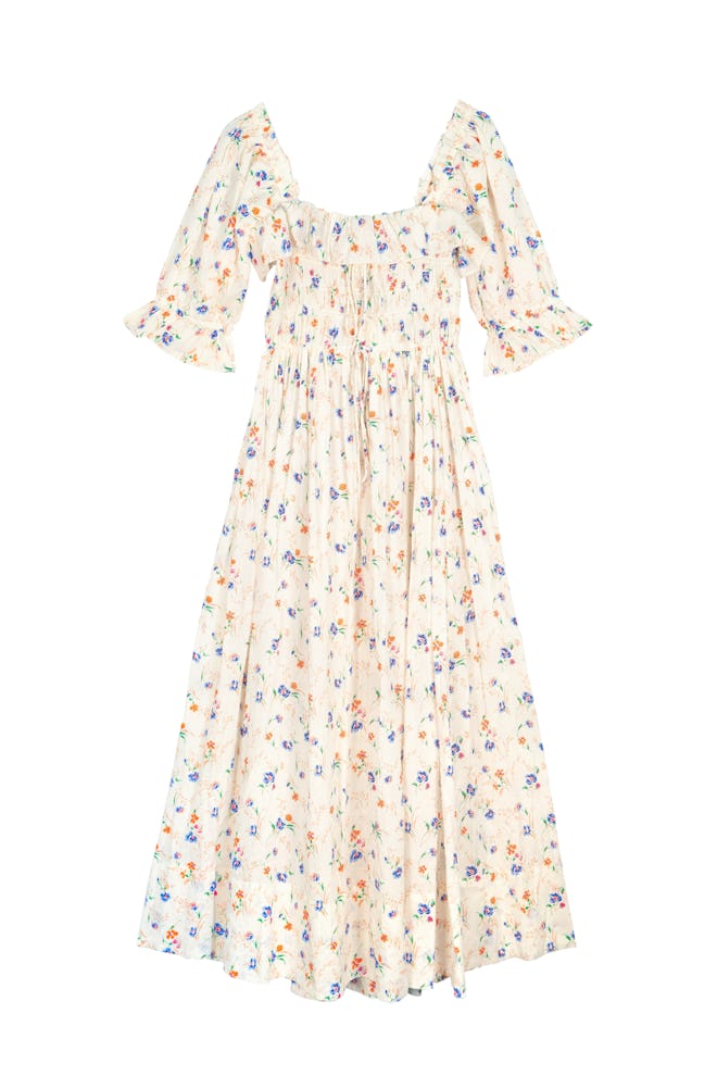 Dôen Sol shirred floral-print Swiss-dot cotton-voile maxi dress