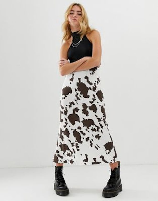 Bias Cut Midi Slip Skirt In Cow Print