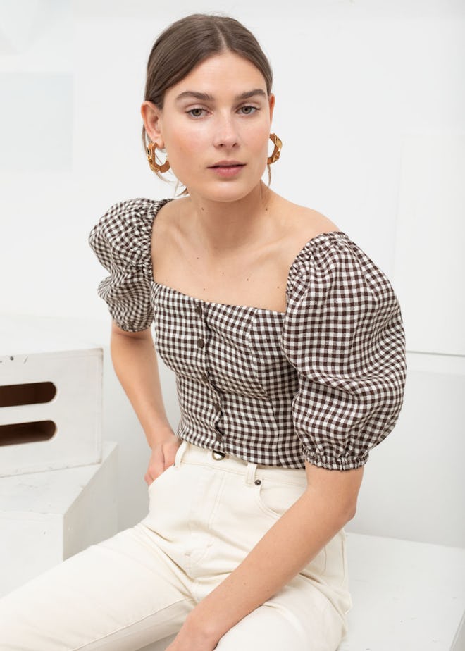 Linen Puff-Sleeve Gingham Top