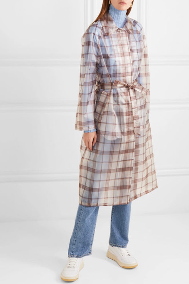 Belted Checked Rubberized PU Trench Coat