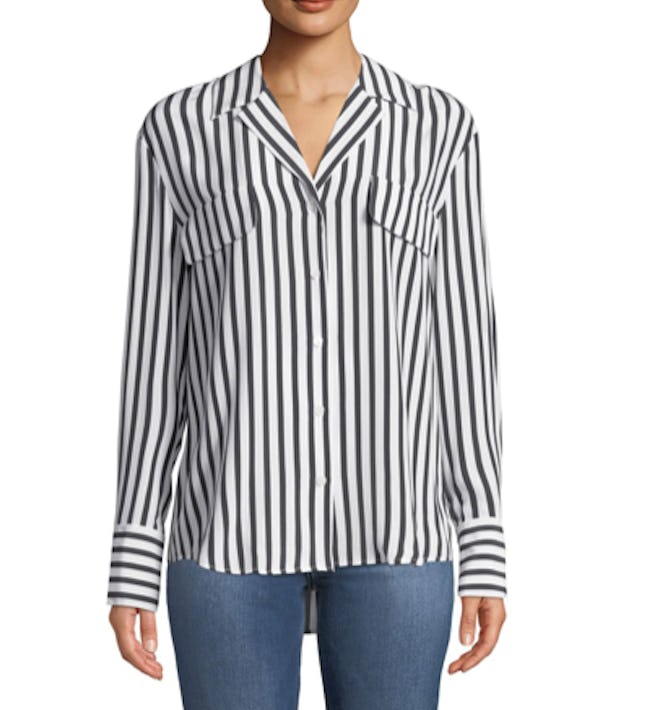 Striped Silk Button-Front Long-Sleeve Top
