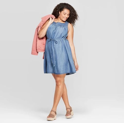 Universal Thread Women's Plus Size Sleeveless Square Neck Belted Denim Dress