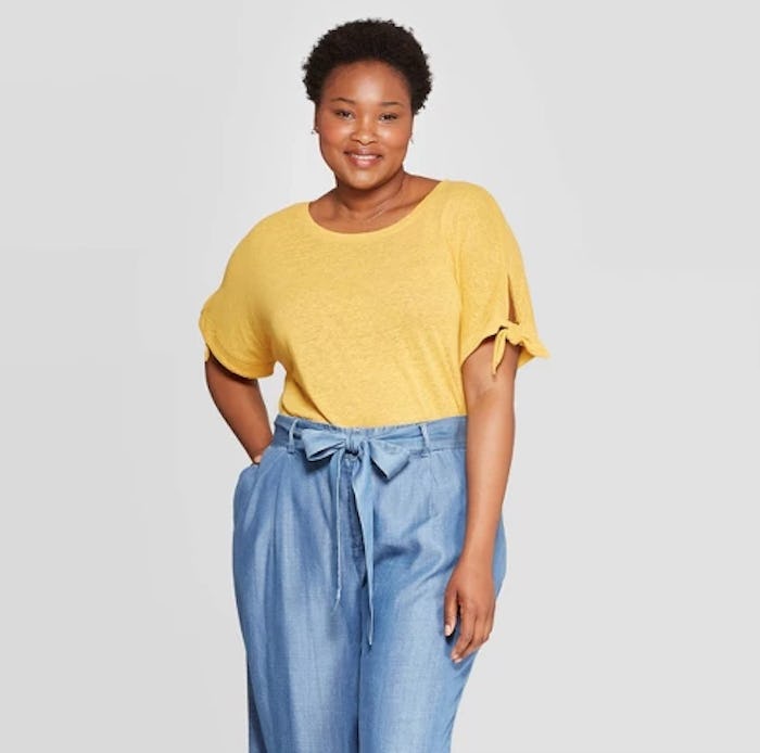 Ava & Viv Women's Plus Size Linen Tie Short Sleeve Crewneck T-Shirt