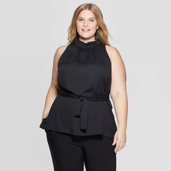 Prologue Women's Plus Size Sleeveless Turtleneck Halter Belted Top
