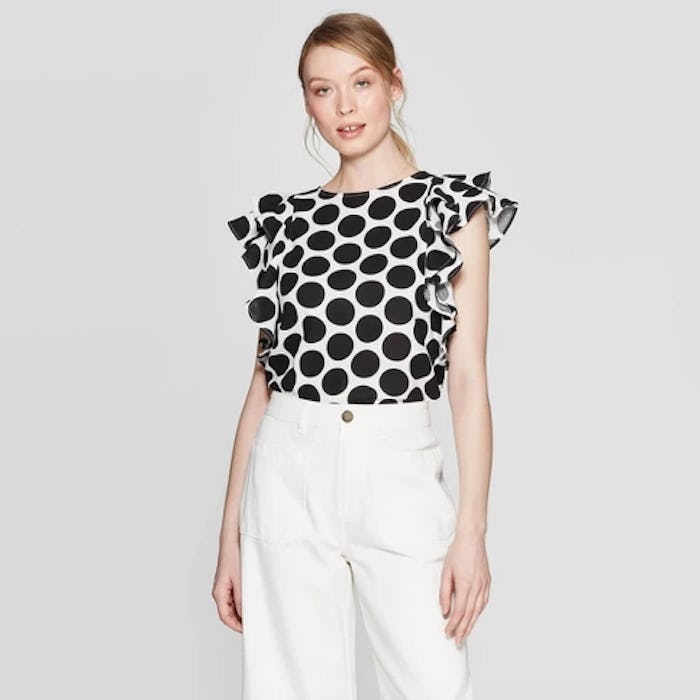 Who What Wear Women's Polka Dot Double Ruffle Sleeveless Scoop Neck Blouse