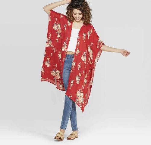 Xhilaration Women's Floral Print Short Sleeve Tassel Sleeve Midi Length Kimono