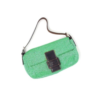 Vintage Green Beaded and Leather Baguette