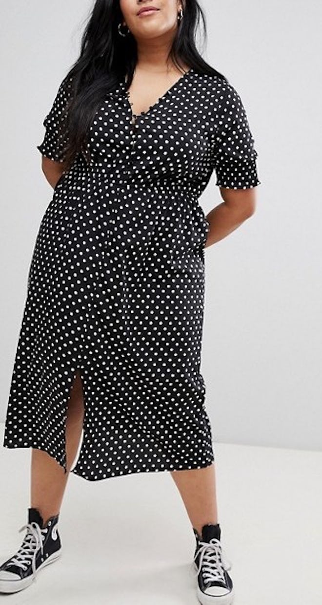 Influence Shirred Sleeve Polka Dot Midi Dress