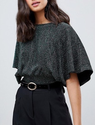 Miss Selfridge Backless Top With Angel Sleeves In Green Glitter