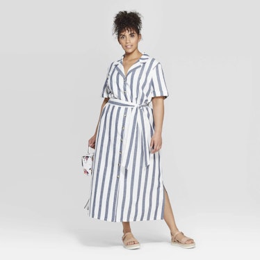 Women's Plus Size Striped Short Sleeve Linen Shirtdress