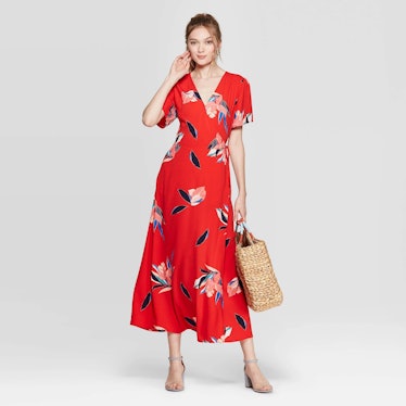 Women's Floral Print Sleeveless V-Neck Maxi Wrap Dress 