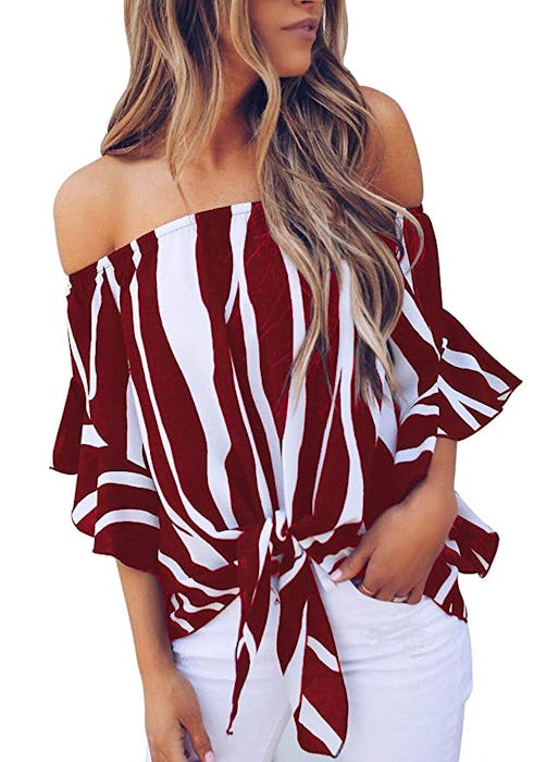 Asvivid Women's Striped Off-the-Shoulder Bell Sleeve Shirt (S-XXL)