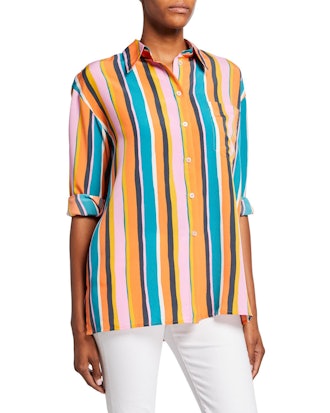 Plus Size Striped Button-Down Long-Sleeve Shirt 