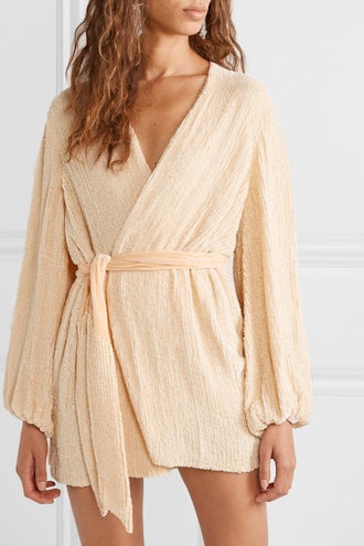 Gabrielle Velvet-Trimmed Sequined Chiffon Mini Wrap Dress