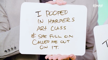 Brady Smith holding a paper with "I pooped in Harpers art class and she full on called me out on it"...
